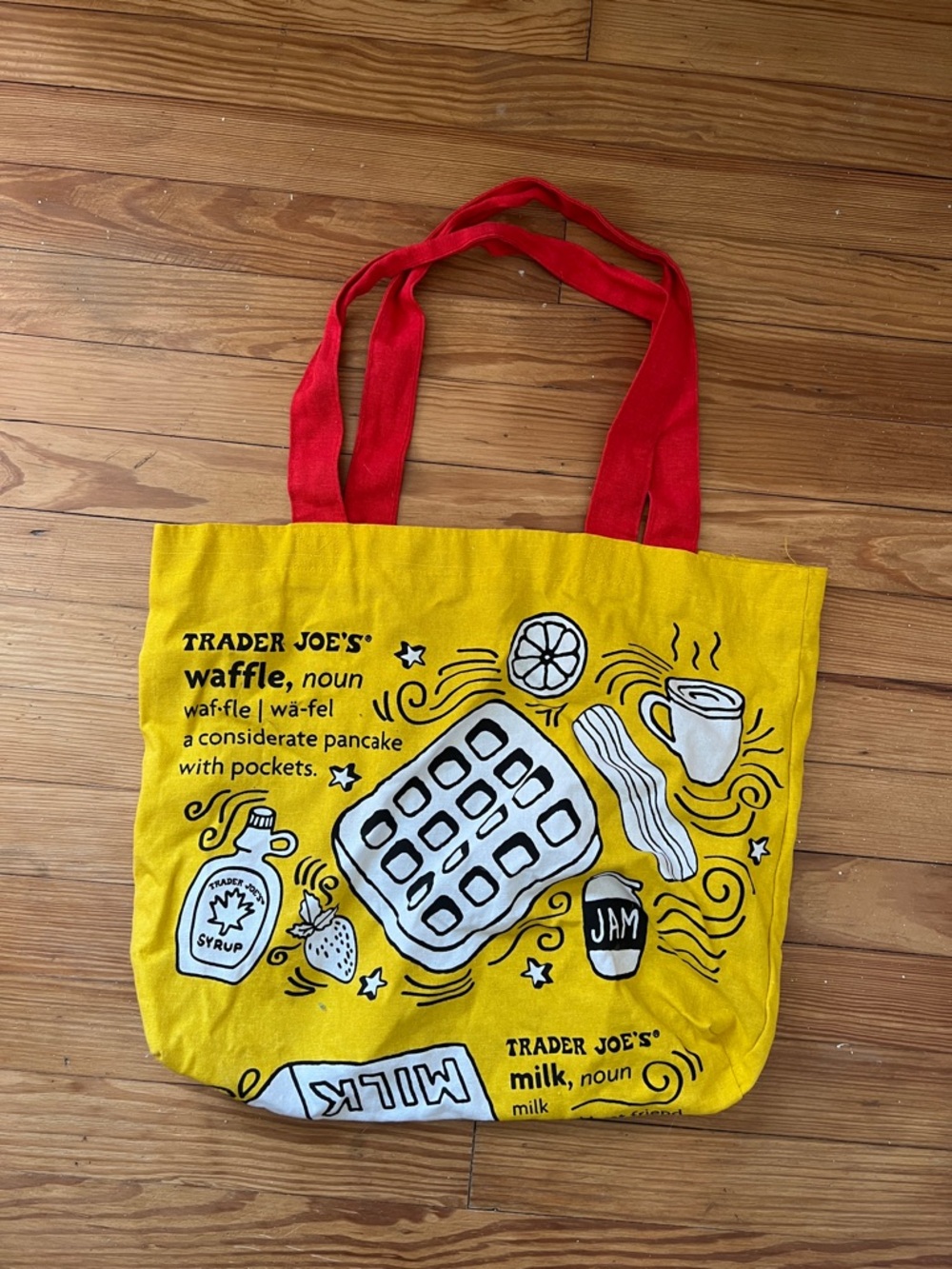 Trader Joe's Yellow Waffle Tote Bag with Red Handles